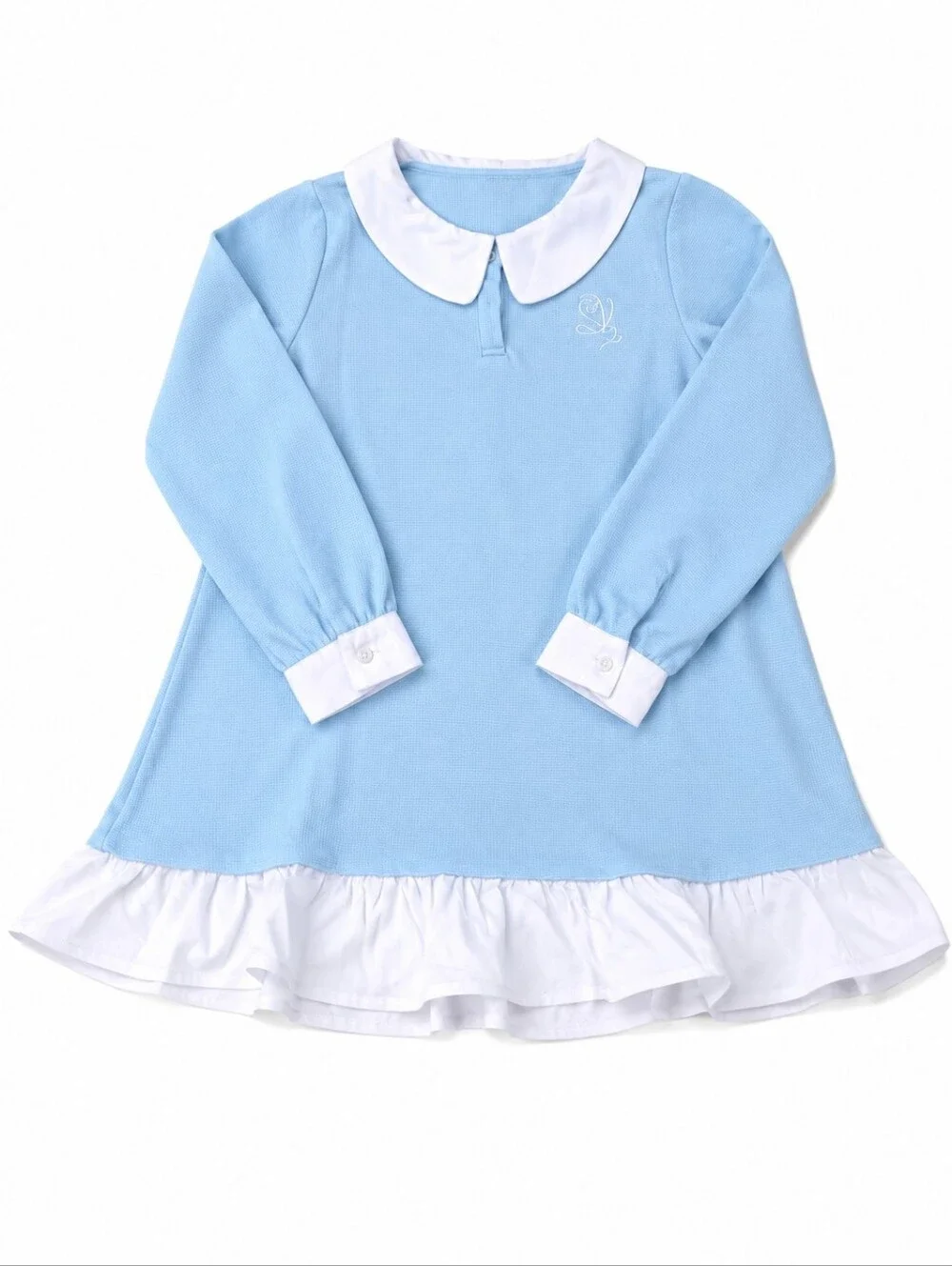 Girls' Light Blue Long-Sleeve Dress with White Trim